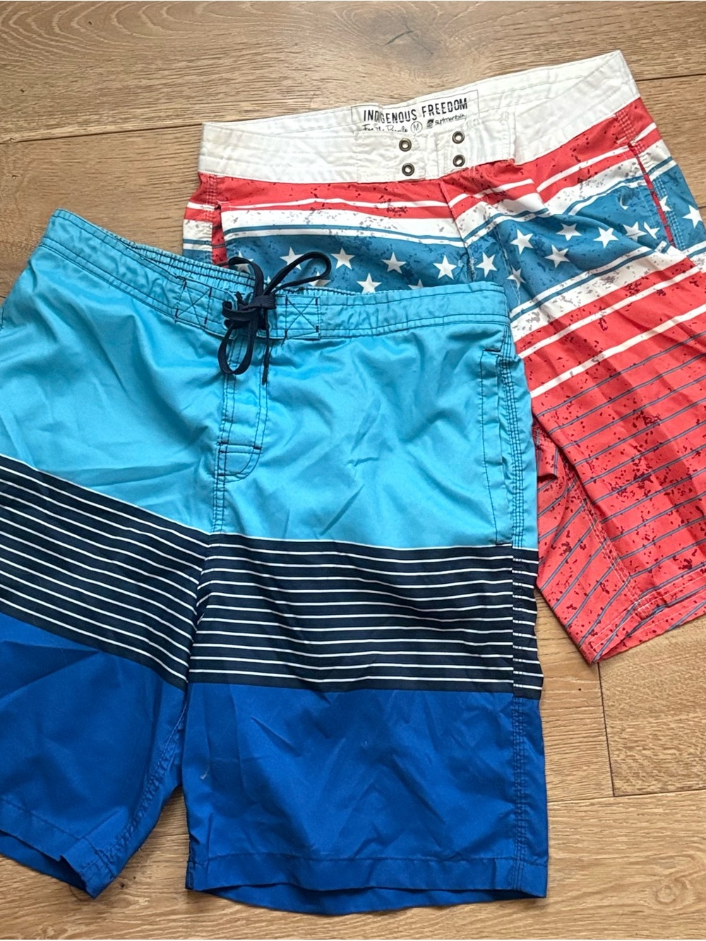 Blue Striped Men's Swim Trunks + Red White Stars Boardshorts